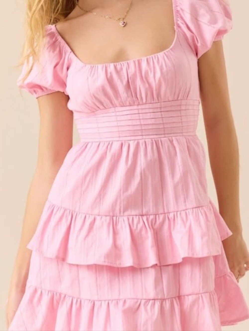 Altar'd State Light Pink Puff-Sleeve Tiered Mini Dress